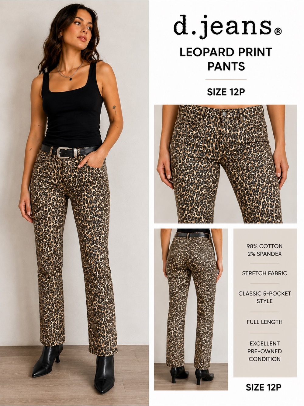 d.jeans Leopard Print Capri Pants Size 12P Stretch Animal Print Y2K